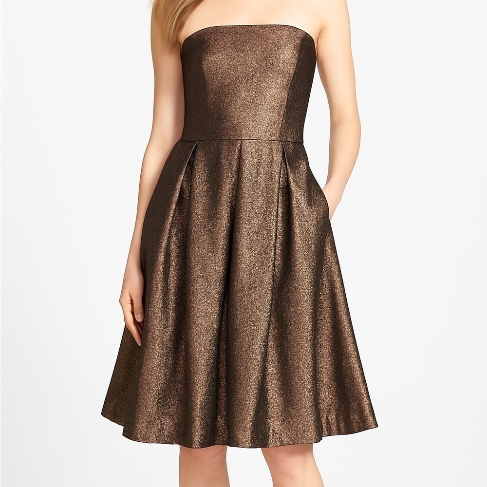 Hunter Bell Metallic Bronze Jacquard Strapless Fit Flare Dress 8 Cocktail